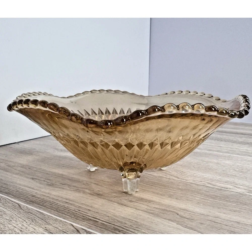 Vintage Amber Diamond Pattern Glass Footed Bowl Scalloped Rim Console‎ Dish